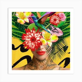 Mother Nature With Humming Bird Flowers And Tattoo In Yellow Art Print