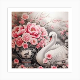 Swan With Flowers Art Print