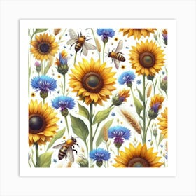 Sunflowers And Bees Pattern 1 Art Print