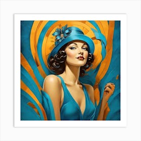 Woman In A Blue Hat - Art Deco Style - Woman 1 Art Print