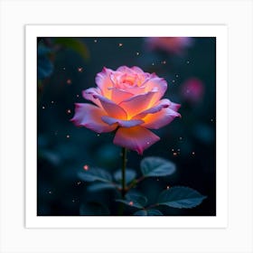 A Whimsical Rose With Petals Of Glowing, Bioluminescent Light Blooming In A Dreamlike Garden Art Print