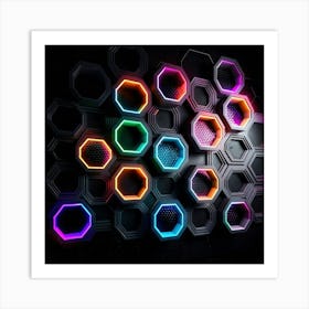 Hexagonal shapes with neon lights, futuristic, cyberpunk, background 6 Art Print