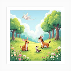 Enchanted Meadow With Magical Animals, Watercolor 1 Art Print