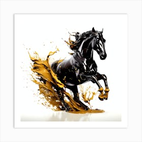 Black Horse Splashing Oil Art Print