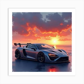 High End Car With A Dramatic Sunset Backdrop, Watercolor Painting 1 Art Print