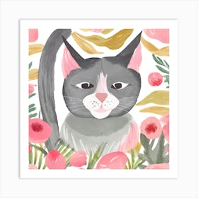 Pink Cat Watercolor Painting Art Print