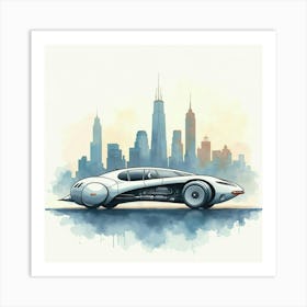 Futuristic Vehicle With A City Skyline, Watercolor Painting 1 Art Print