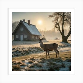 Deer In Front Of House Art Print