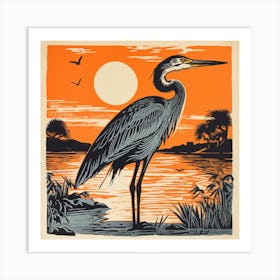 Retro Bird Lithograph Great Blue Heron 1 Art Print