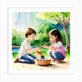 Children Playing With Water Art Print