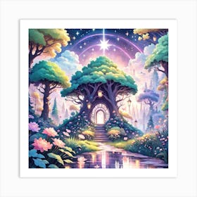 A Fantasy Forest With Twinkling Stars In Pastel Tone Square Composition 263 Art Print