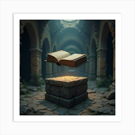 Ancient Magical Book Floating Above A Stone Pedestal In A Mystical Ruin 1 Art Print