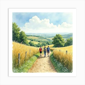 An English Countryside Trail With Hikers And Scenic Vistas, Painted In Watercolor 1 Art Print