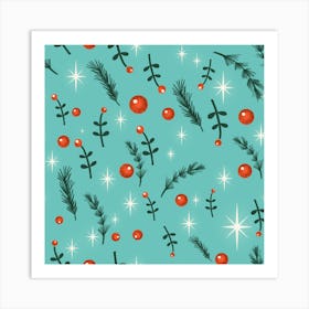 Happy Holidays Foliage Blue Art Print