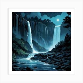 Moonlit Waterfalls Art Print