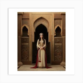 “Woman,” “Dress,” “Abaya,” “Stone Sculptures,” and “Aqueducts.”.. woman standing in a doorway, wearing a cream-colored dress with red trim and a matching red cape. She has long, dark hair and is wearing a gold necklace. The background features intricate stone carvings and archways. Art Print