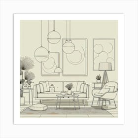 Minimalist Line Art Of Mid Century Furniture Pieces Arranged In A Stylish Living Room Setting, Style Line Drawing 2 Art Print