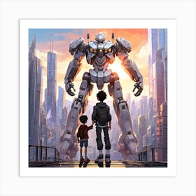 Mecha and Anime Boy in the City Skyline Art Print