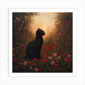 Black Cat in a Floral Sunset Garden 10 Art Print