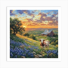 Sunset Over Bluebonnets Art Print