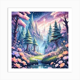 A Fantasy Forest With Twinkling Stars In Pastel Tone Square Composition 188 Art Print