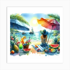 Watercolor Of A Woman On The Beach Art Print