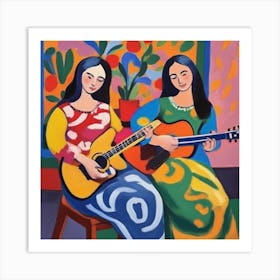 Girls Play Guittar Moonlight 1 Art Print