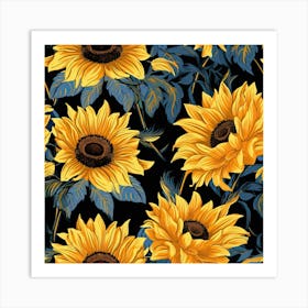 Sunflowers On Black Background Art Print