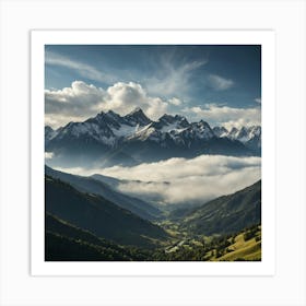 Snow-capped peaks at sunrise, with a golden glow on the mountains and mist in the valleys Art Print