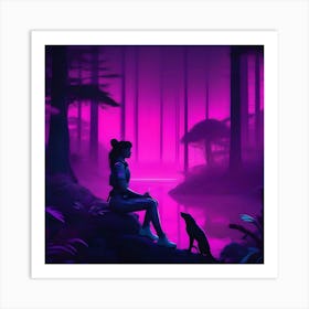 Neon Girl In The Forest Art Print