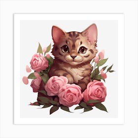 Kitten With Roses 1 Art Print