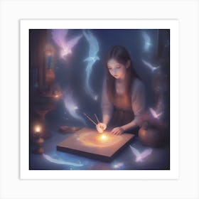 Girl Drawing With A Candle Art Print