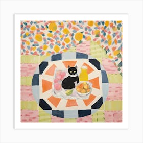 Pastel Colours Black Cat In A Picnic Blanket Art Print