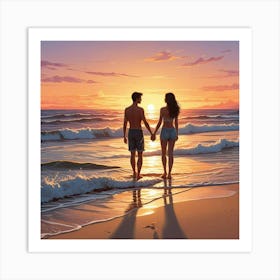 Ocean Sunset Beach With Couple Art Print (2) Art Print