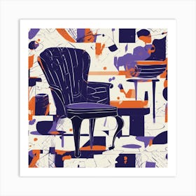 Drew Illustration Of Cup On Chair In Bright Colors, Vector Ilustracije, In The Style Of Dark Navy An (1) Art Print