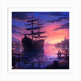 Ship At Sunset Art Print