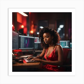 a black girl wearing a red dress, sitting at the desk of a desk, looking at the computer monitor, in the room with the computer, tumblr, artstation, concept art, rainbow color scheme, colours, movie still Art Print
