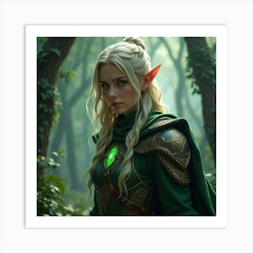 Elven Warrior With Intricate Armor, Glowing Green Eyes, Mystical Forest Background 1 Art Print