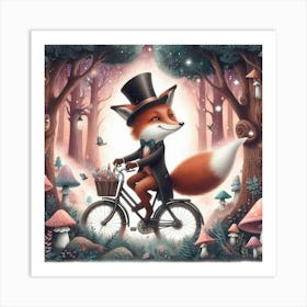 Fox Wearing A Top Hat Riding A Bicycle Through A Magical Forest (2) Art Print