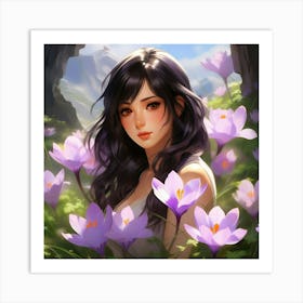 Japanese girl and Crocus flower Art Print