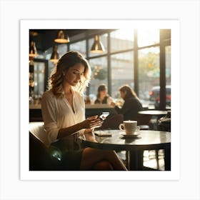 Modern Woman Engages With A Sleek Smartphone At A Bustling Coffee Shop Surrounded By The Hazy Glow (1) 2 Art Print