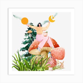 Positive Vibes Woman And Mushrooms Art Print