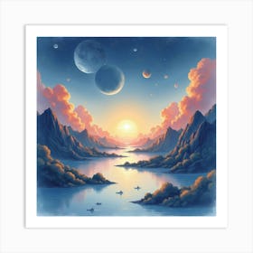 Watercolor Painting Of A Serene Space Landscape 1 Art Print