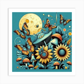 Mushrooms And Butterflies 1 Art Print