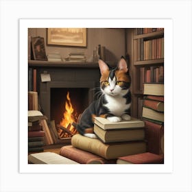 Cat Sitting On Books Art Print
