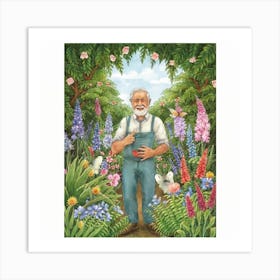 An art print featuring a captivating portrait of a master gardener amidst a lush botanical garden, surrounded by blooming flowers and greenery. This nature-inspired art print brings the beauty of gardening to life, making it perfect for plant enthusiasts and those who appreciate the tranquility of nature in home decor. Art Print