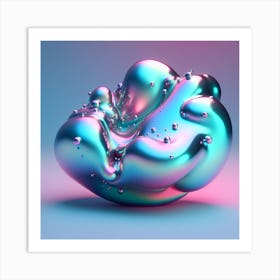 High-resolution image of a surreal, iridescent liquid blob with a glossy surface highlighted colors turquoise and fuschia. Art Print