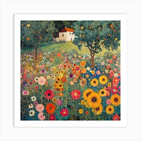 Blooming Landscape with House. Gustav Klimt Style Art Print