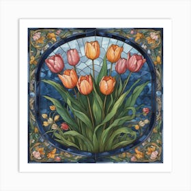 A close up of a stained glass window with flowers, PInk Easter Tulips Art Print