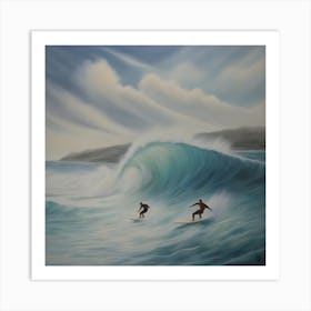 Two Surfers Riding A Wave Art Print